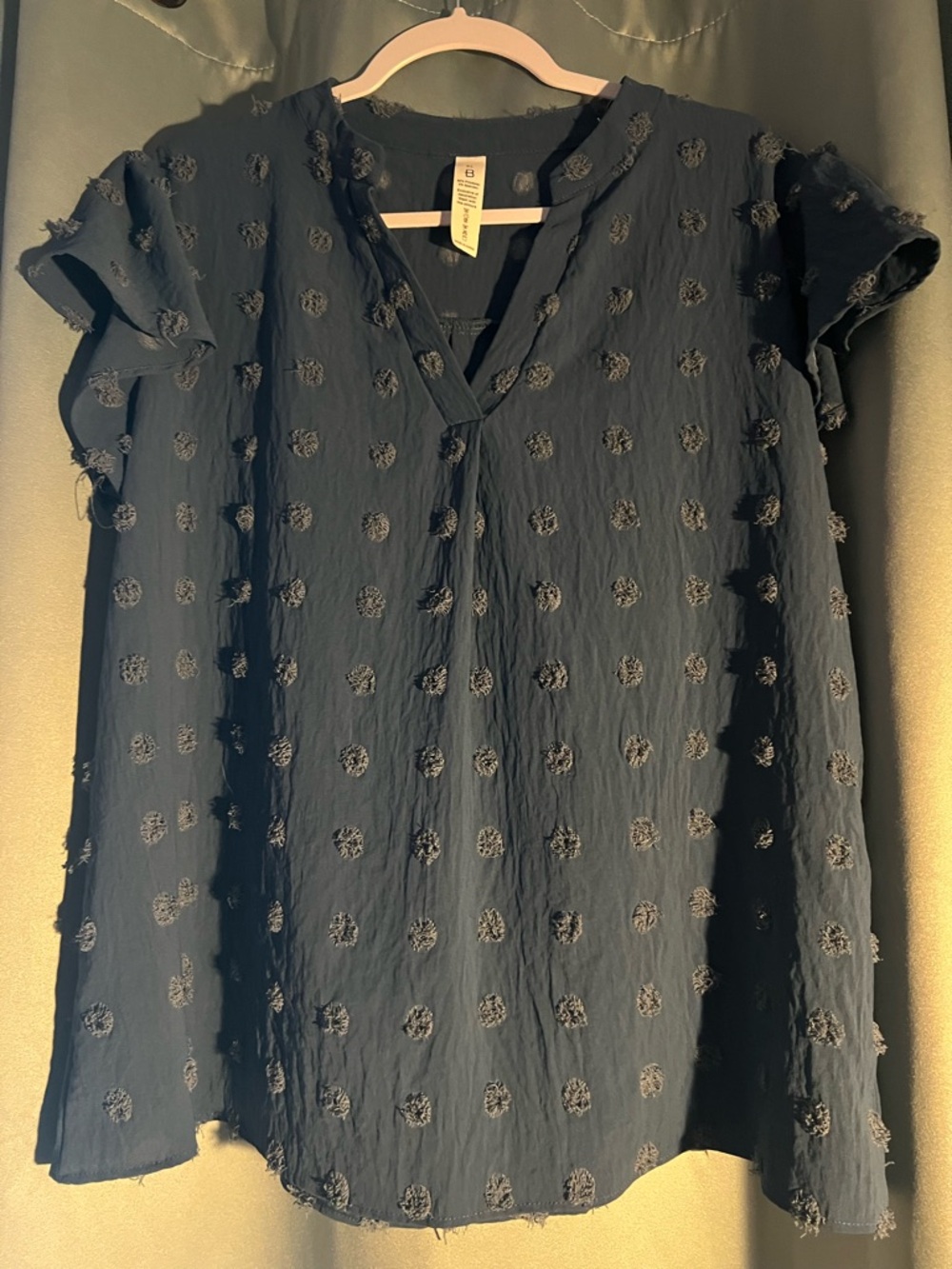 Textured Navy Blue V-Neck Raised Dotted Blouse Top XL